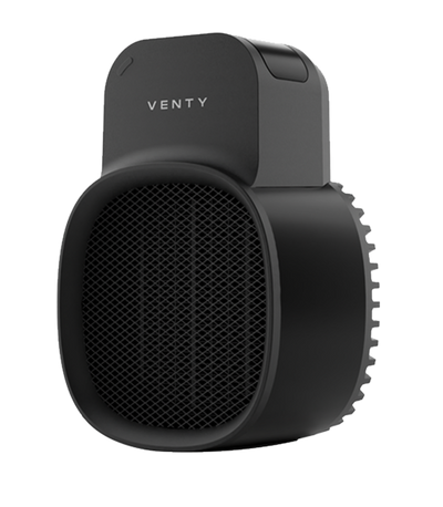 Venty CozyPod plug-in heater in black, side angle view