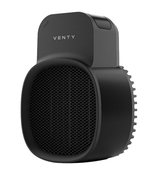 Venty CozyPod plug-in heater in black, side angle view
